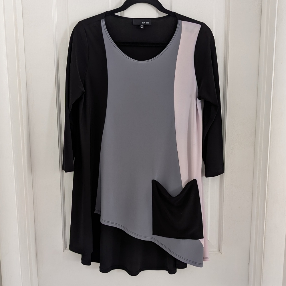 Sun Kim Womens Stretchy Tunic Top XTRA SMALL Lagenlook Asymmetrical Color Block
